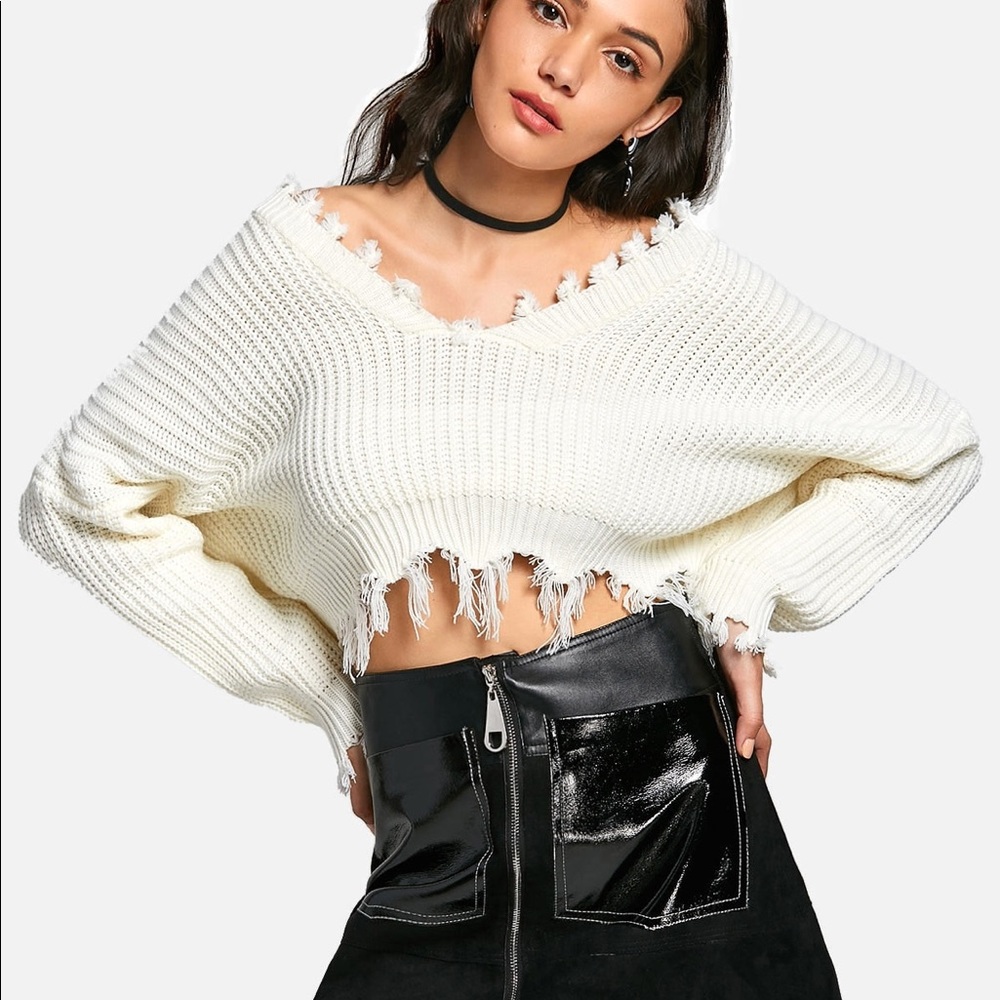 ***SOLD*** White Distressed Cropped Sweater - Picture 2 of 3